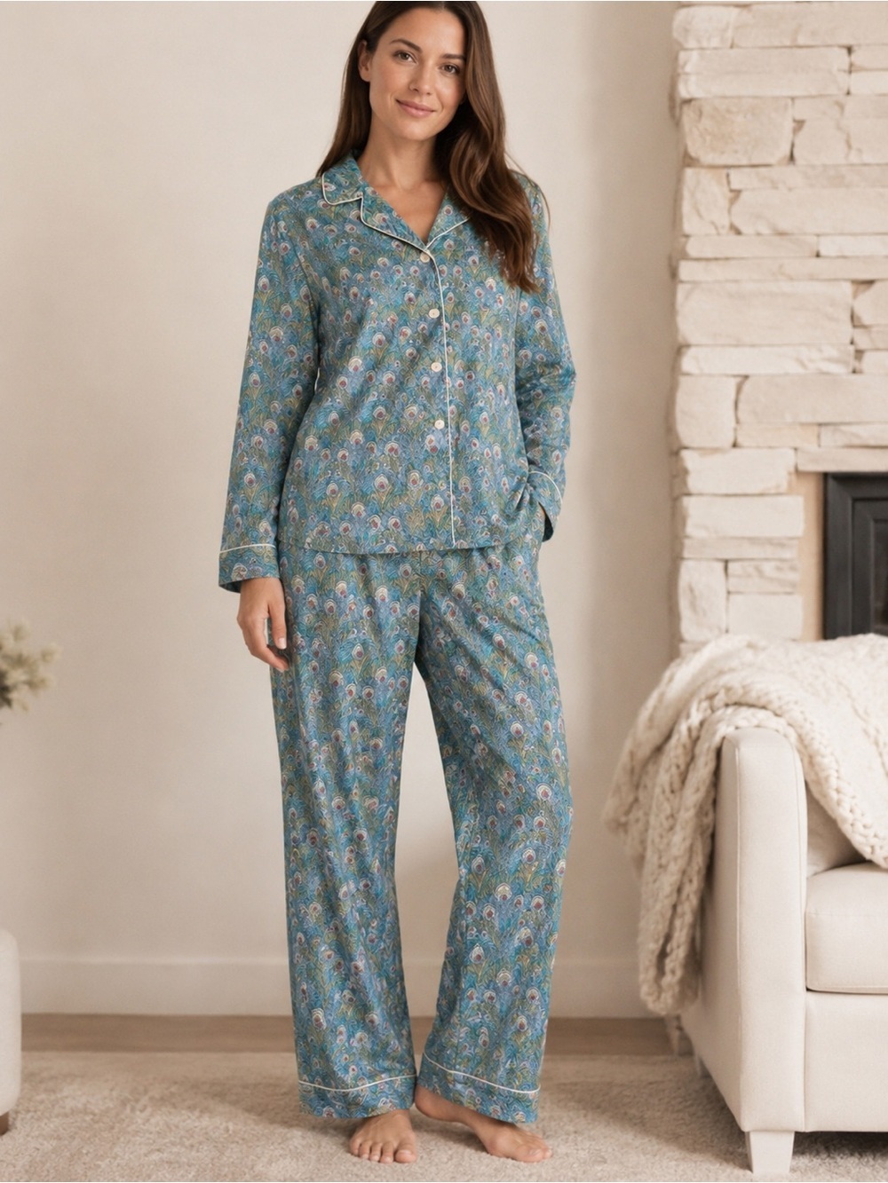 Elizabeth Cotton Peacock Feather Print 100% Cotton Pajama Set XL Made in USA